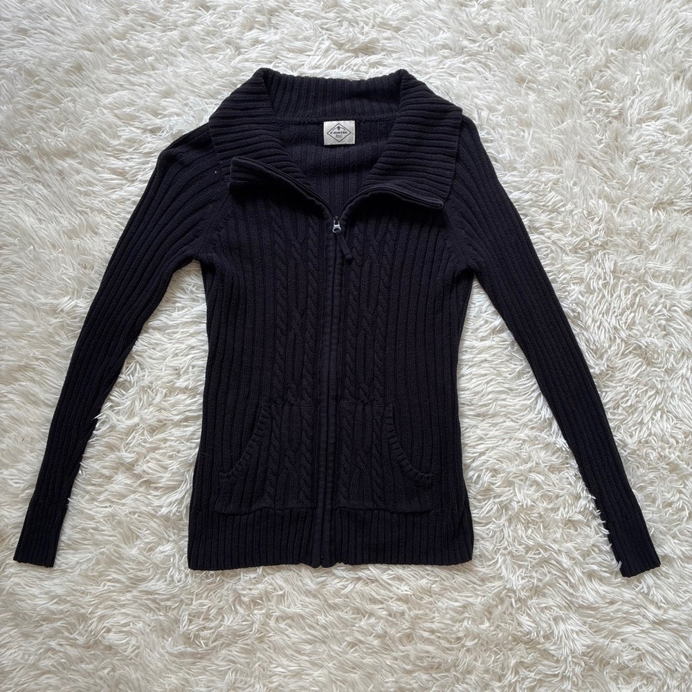 Y2K VTG St Johns Bay Womens Black Cable Knit Full Zip Cardigan Sweater Size S